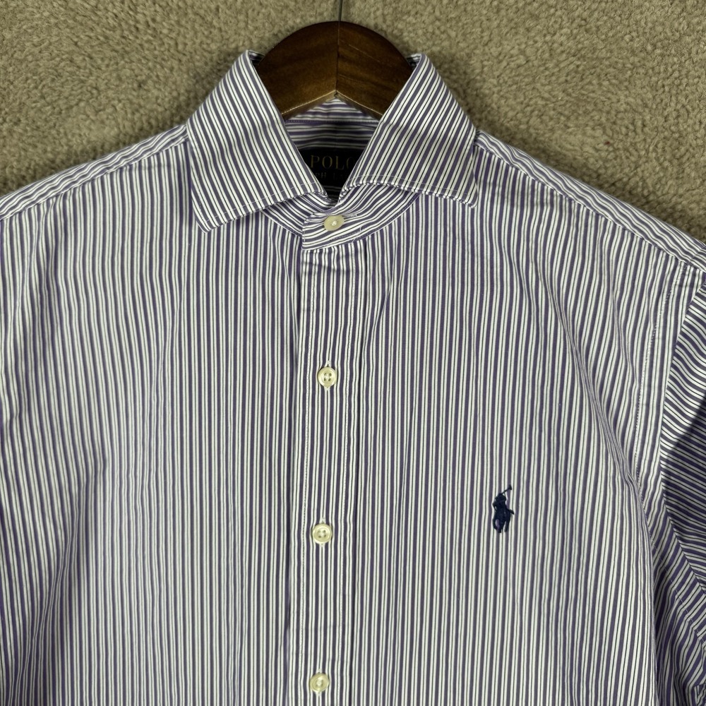 Polo Ralph Lauren Shirt Mens 14.5 32/33 Purple Striped Button Front Logo Pony - Picture 2 of 10